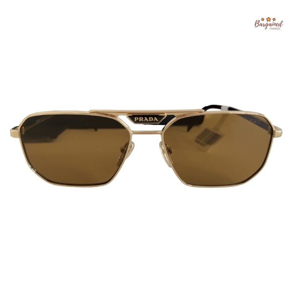 Authentic Prada Pale Gold Metal Rectangle Sunglasses Brown Polarized Lens - Picture 1 of 12